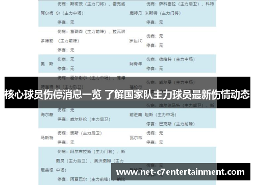 核心球员伤停消息一览 了解国家队主力球员最新伤情动态