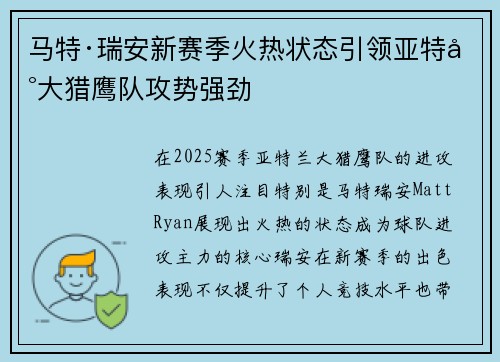 马特·瑞安新赛季火热状态引领亚特兰大猎鹰队攻势强劲